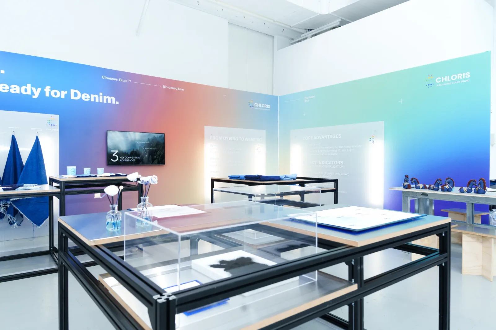 Denim samples presented during the Redefining Blue program in Milan.